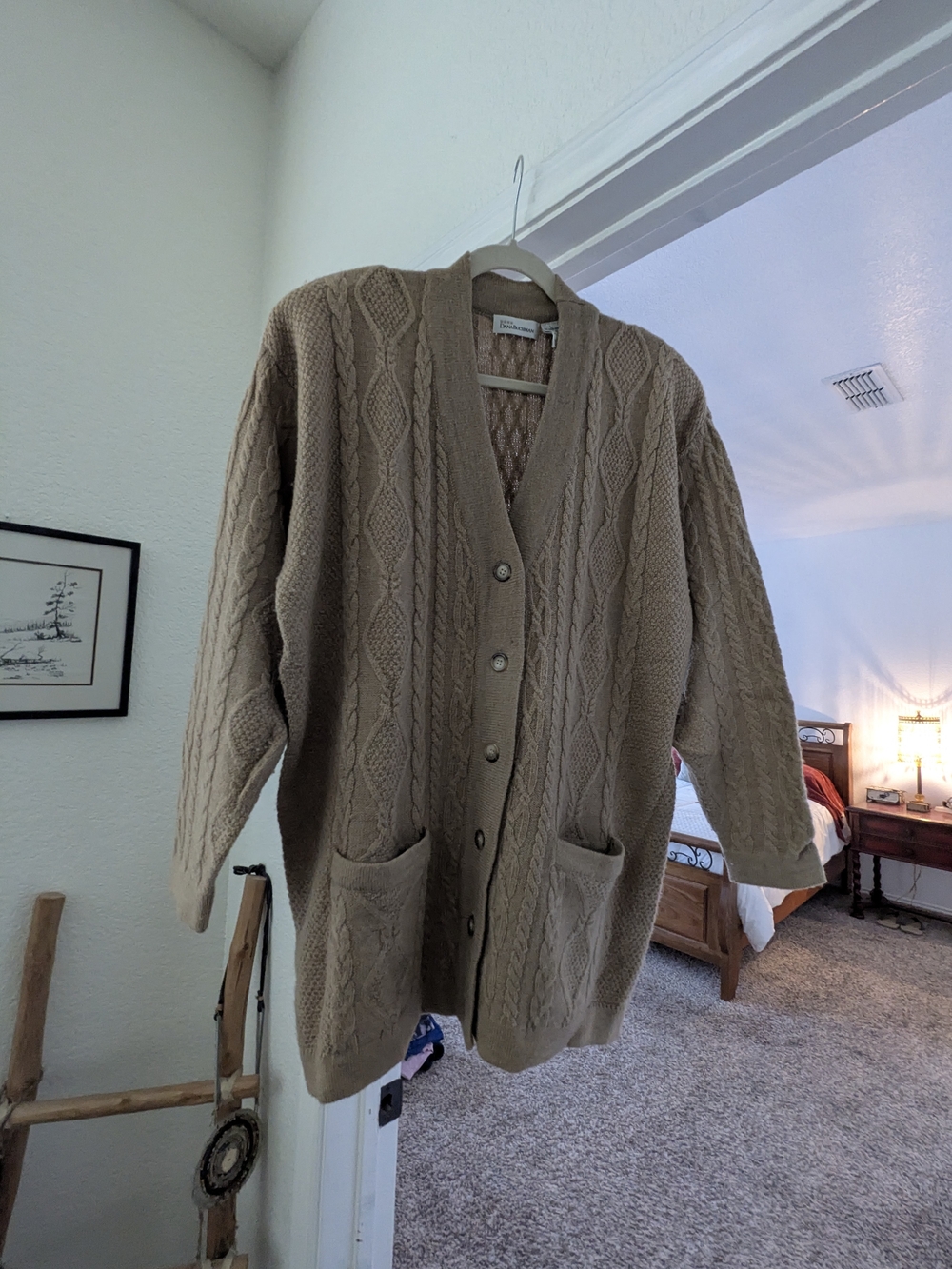 Dana Buchman Vintage Camel Hair Tan Cable Knit Button-Front Cardigan